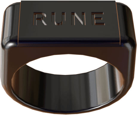 Rune signet ring with the RUNE wordmark engraved on the face